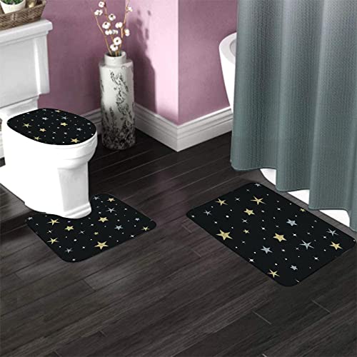 Badezimmerteppich-Set, 3-teilig, Nachthimmel, glitzernde Gold-Silber-Sterne, waschbare Badteppiche, rutschfest, mit Rückenpolster, Konturteppich und Toilettendeckelbezug – Bild 4