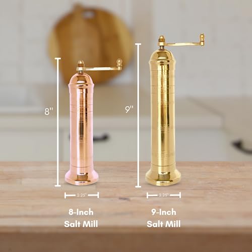Alexander Home The Original Greek Salt Mill 8 Inch Tall | European Salt Mill Grinder With Crank Handle | Manual Salt Grinder | Salt Refillable - Brass #TOP4