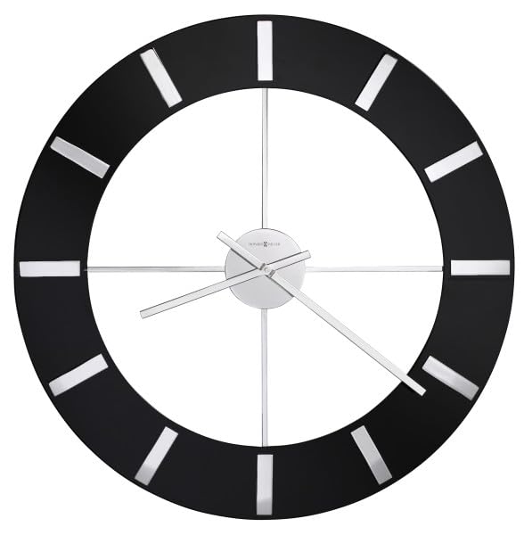 Horloge murale Howard Miller noire brillante en acier inoxydable, grand cadran moderne