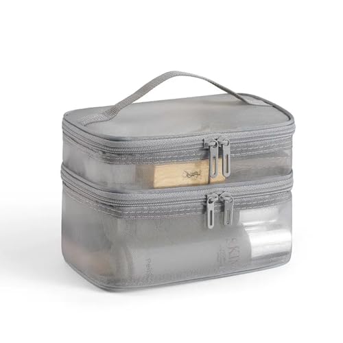 Double Layer Makeup Bag Toiletry Bag – Large Capacity Travel Cosmetic Storage Organizer, Gray Nylon Mesh, Portable and Durable