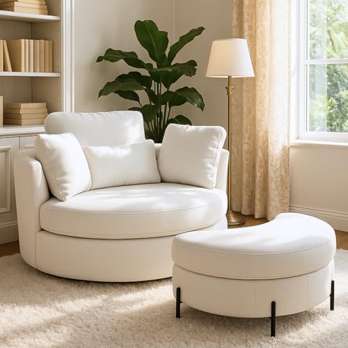 Aortzio 49.6''W Oversized Swivel Barrel Chair with Storage Ottoman, Chaise Lounge Single Chair with Foot Rest for Living Room, Apartment, Bedroom (Beige with Ottoman).