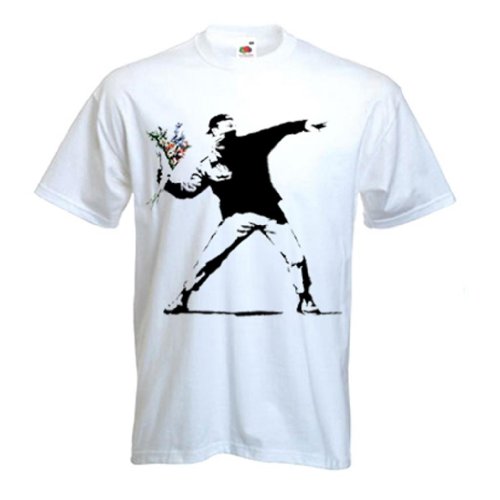 Banksy Camiseta - Flor Tirador - Blanco, X-Large