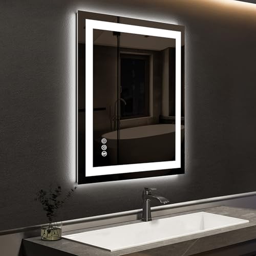ROOMTEC 24 x 30 Inches LED Bathroom Mirror with Front and Backlit,Anti-Fog,3 Colors and Dimmable Light(Horizontal/Vertical), Silver