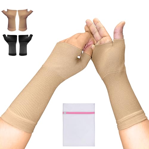 360 RELIEF Wrist & Thumb Support – Compression Sleeve for Comfort & Stability | Joint & Hand Support for Men & Women | 1 Pair (Medium, Beige) with Mesh Laundry Bag