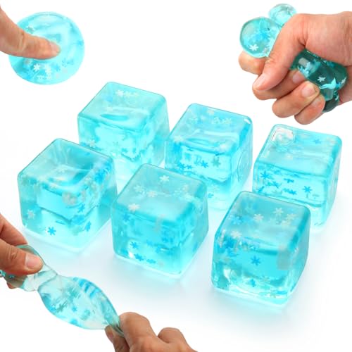 6 Pack Stress Balls Ice Cube with Snowflakes Inside Sensory Squishy Ice Squeeze Toy Fidget Slow Rise Squishy Balls for Kids and Adults Anxiety Relief Birthday Gifts Party Favors Classroom Prizes