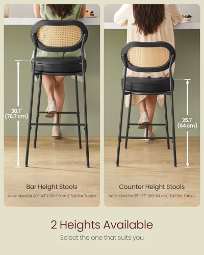 Image of VASAGLE Bar Stools Set of 2, Bar Height Stools with Rattan Back and Metal Legs, 25.1-Inch Tall Counter Chairs, Modern Leather Upholstered Barstools for Kitchen Island Dining Room, Ink Black