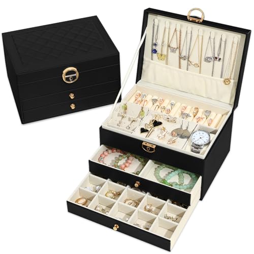 Granbest Boîte à bijoux à 3 couches avec 2 tiroirs, élégante boîte à bijoux en cuir, idéale pour colliers, bracelets, bagues et boucles d'oreilles, noire