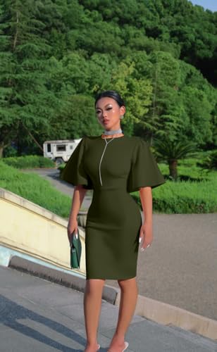 Image of Memoriesea Women's Basic Bodycon Ruffle Flared Short Sleeve Pencil Midi Dress