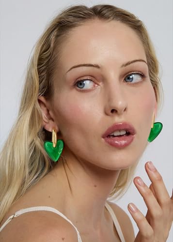 WOWORAMA Acrylic Resin Earrings for Women Green Red Heart Hoop Earrings Convertible Gold Chunky Hoops Lightweight Statement Dangles Earring