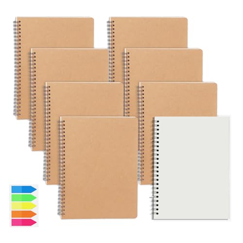 QITIXI:OU 8 Stück Notizblock A6 Blanko, Spiralblock klein, Notizbuch mit Haftnotizen, 50 Blatt/100 Seiten pro Block, Kraft Cover Block, Notizbuch abreißbar für Schule Büro Kinder Geschenk