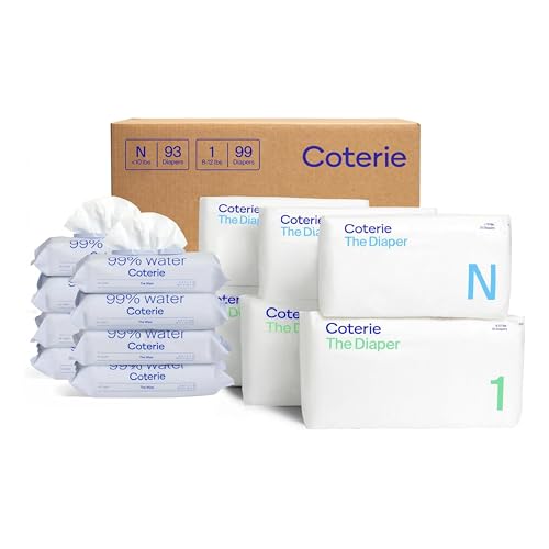Image of Coterie Baby Wipes + Diapers Kit, Size 1 (99 Count) & Size Newborn Diapers (93 Count), 8 Pack (448) Baby Wipes with 99% Water, Plant Based Materials, Hypoallergenic for Sensitive Skin