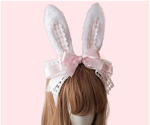 Handmade Hair Accessory Headband Gothic lolita cosplay Cute Rabbit Ears Bow Lace Hair Band Headwear (Pink)