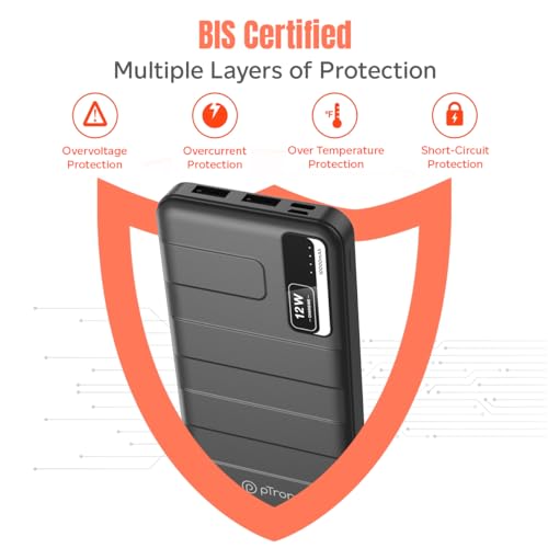 pTron Newly Launched Dynamo Nitro 10000mAh 12W Power Bank, Dual USB Charging Ports, 2 Input Ports Type-C & Micro USB, Made in India, Multiple Layers of Protection & BIS Certified (Black) 5 41bsh0SeN5L