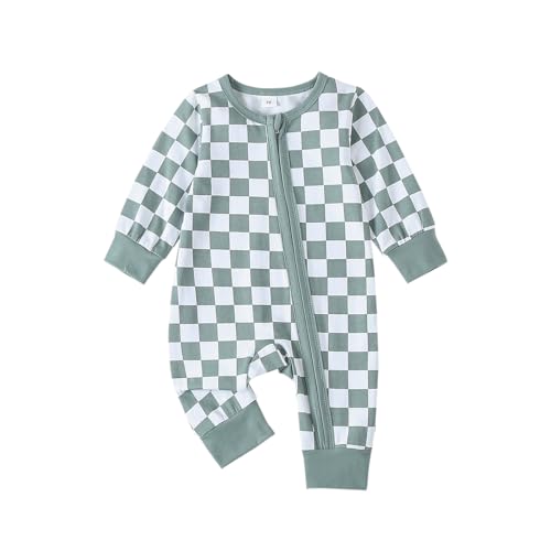 Image of Karuedoo Newborn Baby Boy Girl Clothes Checkered Long Sleeve Zipper Romper Jumpsuit One Piece Bodysuit Fall Winter Outfit