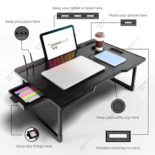 Image of WONDWILD Smart Multipurpose Foldable Laptop Table with Cup Holder, Study Table, Bed Table, Breakfast Table, Foldable and Portable /Ergonomic & Rounded Edges /Non-Slip Legs (ABS BLACKK)