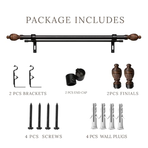 Image of 28 inch-48 inch Adjustable Double Curtain Rod For Door & Windows With Brackets Set Curtains Hanging Extendable Iron Metal Pipe Holder With Carved Brown Wood Finial (Black, 0.75 inch Diameter)