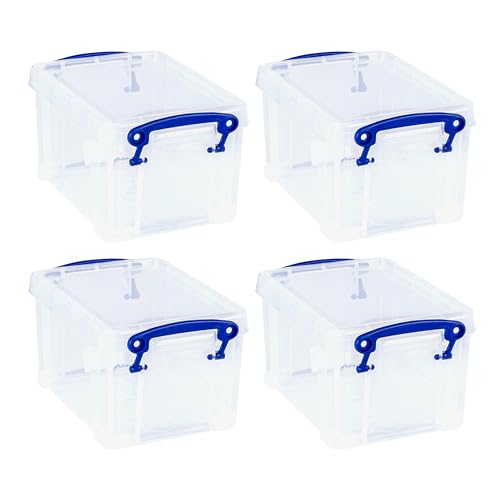 Image of Really Useful Box 1.6 Liter Plastic Stackable Storage Container, 4 Pack | Bin with Snap Lid & Built-In Clip Lock Handles for Home or Office Organization