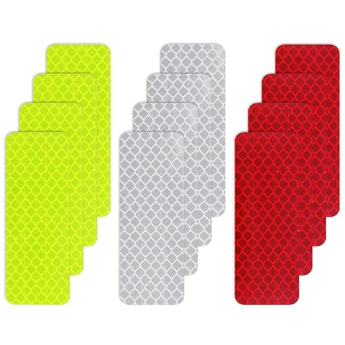 12Pcs Safety Reflective Stickers, Outdoor Waterproof Reflective Tape, High Visibility Bicycle Safety Warning Stickers, Self Adhesive Reflecting Tape for Vehicle Motorcycles Helmets(Green+White+Red)