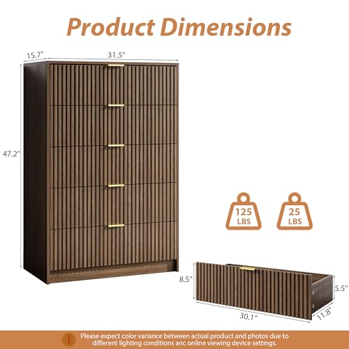 Image of MAISONARIA 5 Drawer Dresser for Bedroom, Tall Dresser Chest of Drawers with Gold Handles, 32 Inch Wide Nightstand with for Bedroom, Living Rooms, Offices, and Entryways, Walnut