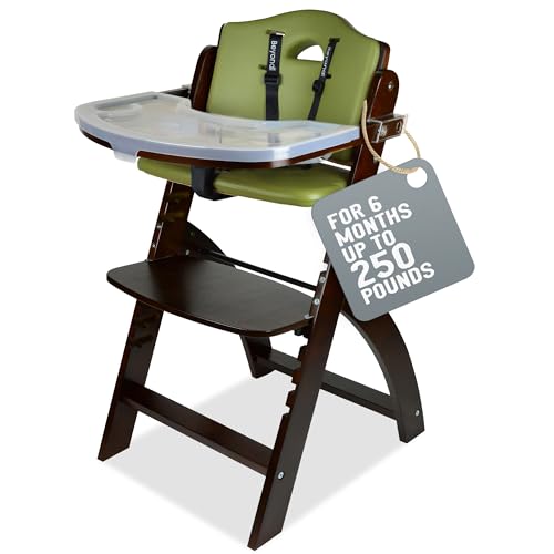 Image of Abiie Beyond Junior Convertible Wooden High Chairs for Babies & Toddlers. 3-in-1 Adjustable High Chair with Removable Tray, Easy to Clean, Portable. 6 Months up to 250 Lb. Mahogany Wood/Olive Cushion