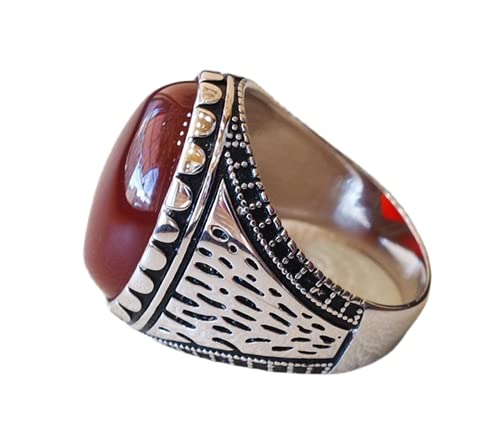 Carnelian, Yemeni Aqeeq Ring, Sterling Silver 925, Dark Red, Semi Precious Natural Gemstone Men Jewelry, Middle Eastern, Wedding Ring, Signet Men's Ring, Statement Ring, Silver Enamel Ring
