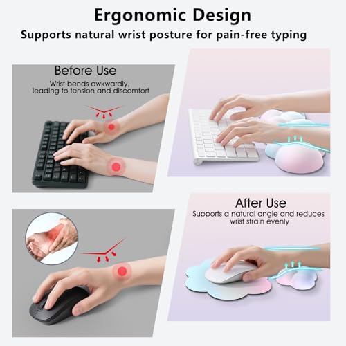 Image of Sushret Cloud Wrist Rest for Computer Keyboard and Mouse Pad Set, Rainbow | Memory Foam, Leather, 4-in-1 Cloud Keyboard Wrist Rest Set with Ergonomic Support for Arm and Palm Cushion, Gaming /Work Setup