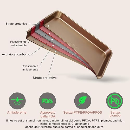 NutriChef Set di 2 Teglie da Forno Antiaderente, Vassoi per Cottura in Forno in Acciaio al Carbonio di Qualità Premium con Rivestimento Antiaderente, Teglie Grandi e Medie per Biscotti, Oro - immagine 4