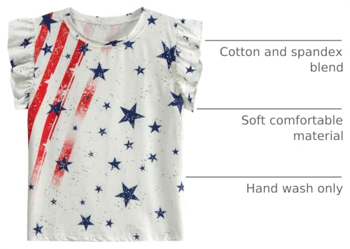 Image of Toddler Girls July 4th Shirts American Flag Ruffle Short Sleeve Patriotic Red White Blue Star Outfits Blouse Tops