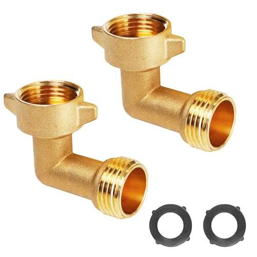 LIULO TOOL 2 Pack 90 Degree Garden Hose Elbow Connectors 3/4 Heavy Duty Brass Hose Elbow Hose Adapter with 2 Washers for RV Residential Outdoor Faucets