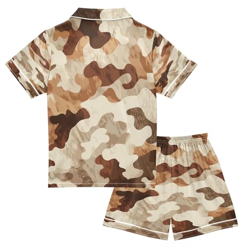 Satin Pajama Sets Short Sleeve Brown Color Duck Hunter Button Down Silky Nightwear 2 Piece PJS 5-14Y2