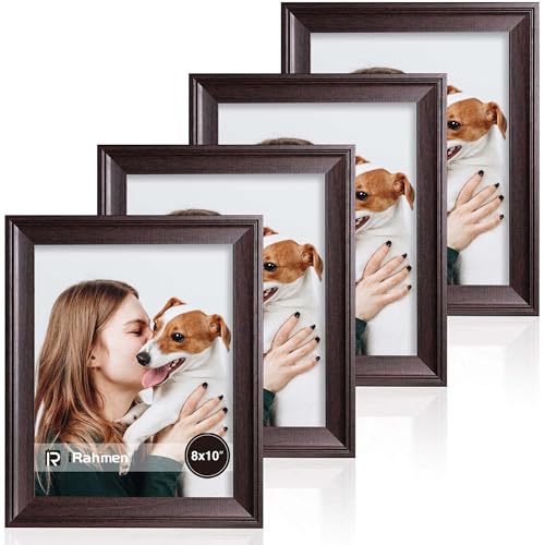 Image of iRahmen 8x10 Picture Frame Set of 4, Dark Brown Vintage Photo Frame with Real Glass, 8 x 10 Frames for Wall Mount and Tabletop Display