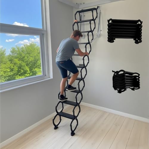 Scala pieghevole a muro, scala retrattile pieghevole per soffitta per interni ed esterni, scala telescopica per soffitta con sistema di discesa, con pedali allargati(Black,H130CM/51.2IN)