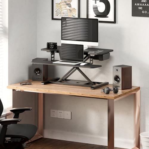 Image of FLEXISPOT 32 inch Motorized Standing Desk Converter, Electric Stand up Desk Riser, Sit to Stand Dual Monitor and Laptop Workstation with Wide Keyboard Tray, Black