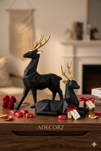Image of Decorative Resin Deer Figurines, Resin, 25 cm Height, Set of 2, Standing and Sitting Deer Statues Geometric Showpiece for Home Decor | Housewarming Gift (Black)
