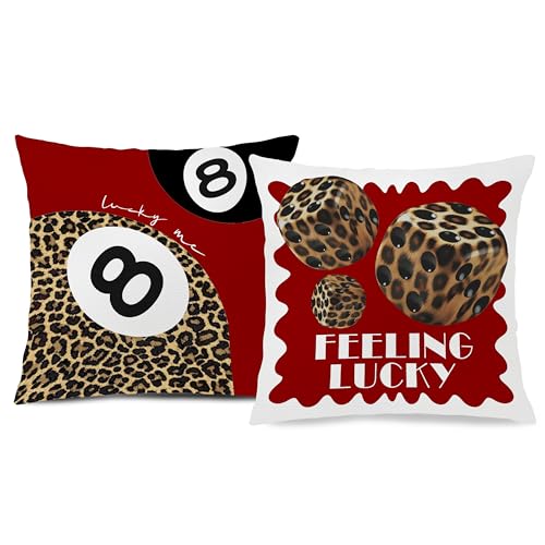 Nipil Trendy Leopard Pillow Covers 18x18, Cheetah Leopard Print Room Decor, Red Preppy Cheetah Print Dice Lucky 8 Ball Decorative Throw Pillow Covers for Girls Bedroom Dorm Apartment, Set of 2