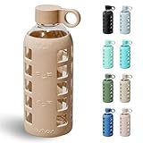 purifyou 40oz / 32oz / 22oz / 12oz Borosilicate Glass Water Bottle with Time & Volume Markers, Silicone Sleeve, Stainless Steel Lid | Reusable Glass Bottle for Water & Juice (22oz Iced Coffee)