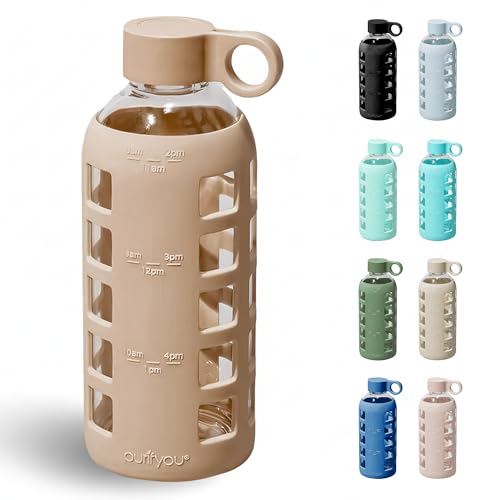 purifyou 40oz / 32oz / 22oz / 12oz Borosilicate Glass Water Bottle with Time & Volume Markers, Silicone Sleeve, Stainless Steel Lid | Reusable Glass Bottle for Water & Juice (22oz Iced Coffee)