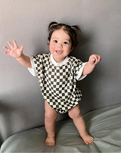 Unisex Baby Boys Girls Checkerboard Sweatshirt Romper Oversized Short Sleeve Plaid Jumpsuit Bodysuit One Piece Outfit (A Black, 6-12 Months) #TOP1