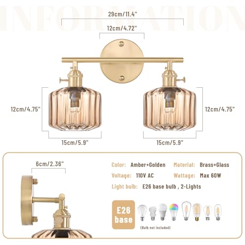 Image of Vintage Glass Wall Sconce, 2-Light Brass Gold Bathroom Lighting Fixtures Over Mirror, Ribbed Vanity Wall Light with Amber Glass Shade, E26 Base for Bedroom, Dressing Table, Hallway