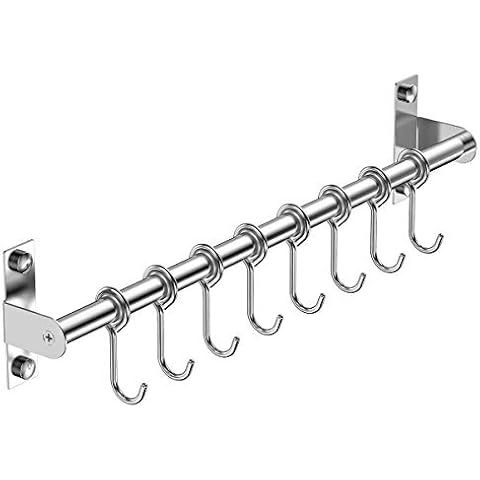 Booxihome Wall Mounted Utensil Rack, Stainless Steel Hanging Kitchen Rail with 8 Removable Hooks, Hanger Organizer for Utensil 40cm(15.75") Cover