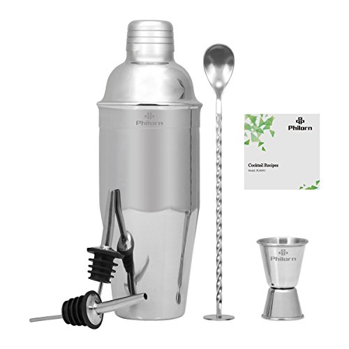 PHILORN Shaker A Cocktail Set Acier Inoxydable 304 Argent 750ml Shaker 15 Et 30 Ml Double Jigger, Cuillère Mélange Tordue 2 Verseur De Liqueur