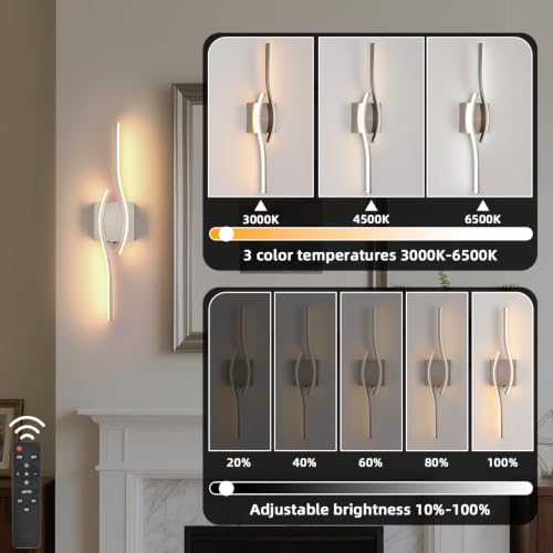 Image of Battery Operated Wall Sconce, Brushed Nickel USB Rechargeable Wireless Sconces set of 2, LED Dimming Wall Lamp 3 Color /Timer /Memory, Silve 23.6 Inch Wall Lights for Bedroom Living Room Hallway