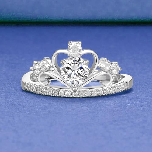 925 Sterling Silver Cubic Zirconia Crown Rings for Women Love Heart Simulated Dimond Eternity Band Rings 18K White Gold Plated S925 Promise Wedding Statement Engagement Rings Gift for Her Size 92