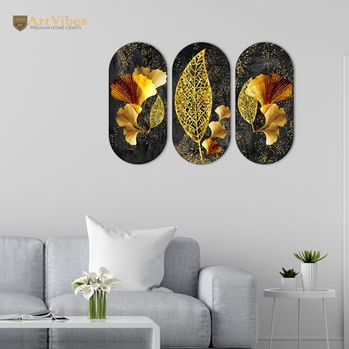 Image of Artvibes Golden Leaf Auspicious Wooden Art Work Wall Hanging For Good Luck Properity Vastu | Spiritual Decor Items | Paintings | Wall Illustrations| Modern Decor Item | Ideal Gift (WH 9001N), Set of 3