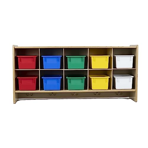 RRI Goods Armario de almacenamiento de pared de 10 secciones, estantería con bandejas y ganchos surtidos para guardería, hogar, escuela de juegos, muebles de aula Montessori