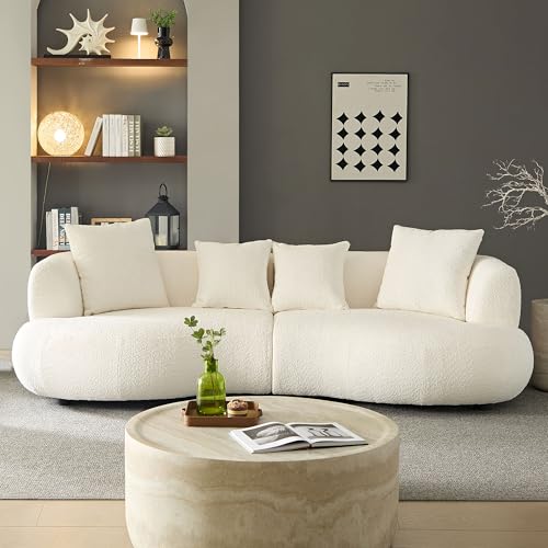 Image of KEIKI 102 inch Curved Oversized Boucle Modular Sectional Sofa with 4 Throw Pillows, Mid-Century 4-Seater Upholstered Corner Plush Comfy Couch, Easy Assembly, for Apartment, Living Room, White