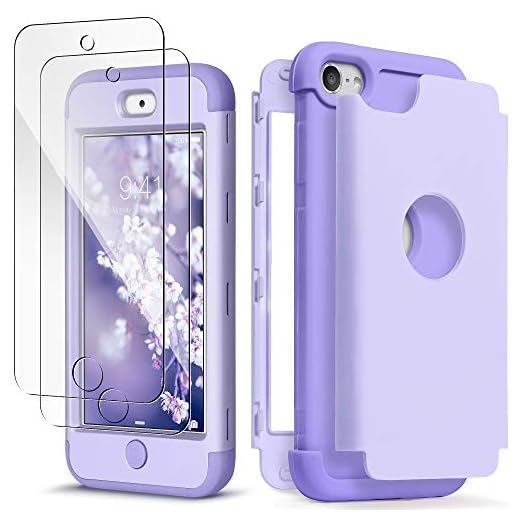 IDWELL iPod Touch Case with 2 Screen Protector, [Three Layer Armor Series] Heavy Duty Protection Shockproof High Impact Protective Cover for Apple iPod Touch 5/6/7th Generation, Purple
