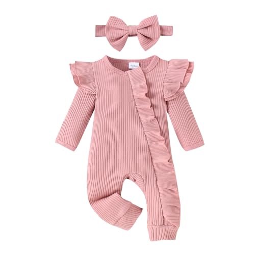 Image of Newborn Clothes Baby Girl Ribbed Romper Headband 2PCS Outfits Set Ruffle Knitted Jumpsuit Infant Solid Bodysuit