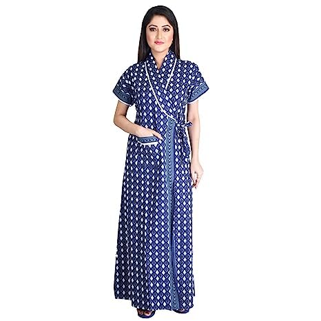 Cotton Robes,Housecoat, Nighty, Sleepwear, Night Gown for Women Ladies House Coat, Front Open Adjustable 37-3XL Navy Blue-image-21