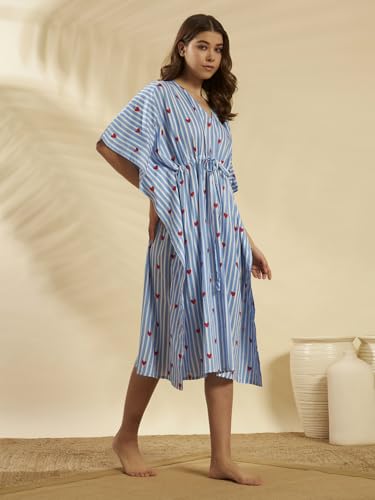 Image of Ravaiyaa Women Printed Cotton V-Neck Knee Length Kaftan Dress Nighty